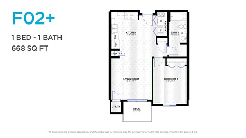 Floor plan for 1 bed, 1 bath, 668 sqft