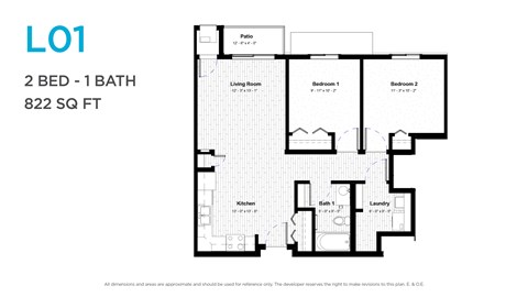 Floor plan for 2 beds, 1 bath, 822 sqft