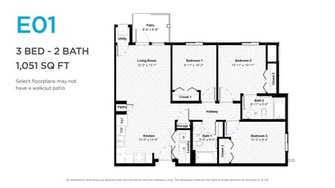 Floor plan for 3 beds, 2 baths, 1051 sqft