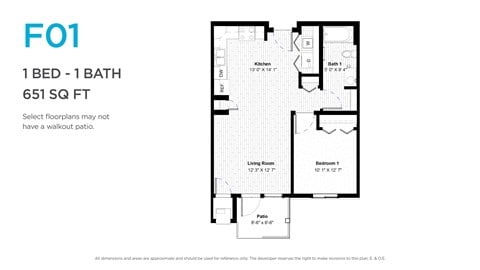 Floor plan for 1 bed, 1 bath, 651 sqft