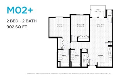 Floor plan for 2 beds, 2 baths, 902 sqft