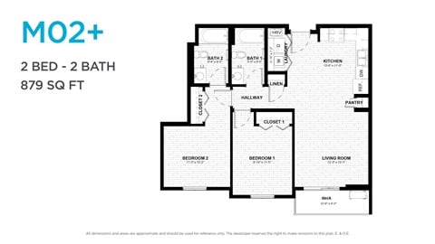 Floor plan for 2 beds, 2 baths, 949 sqft