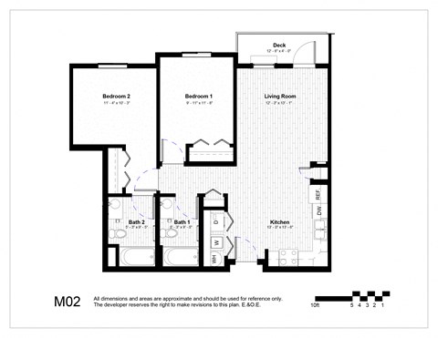 Floor plan for 2 beds, 2 baths, 883 sqft