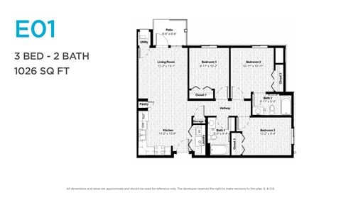 Floor plan for 3 beds, 2 baths, 1047 sqft