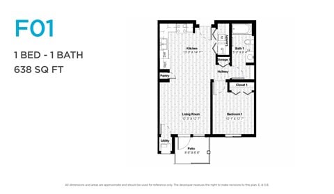 Floor plan for 1 bed, 1 bath, 638 sqft