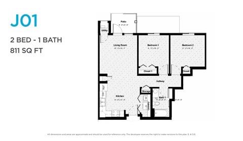 Floor plan for 2 beds, 1 bath, 820 sqft