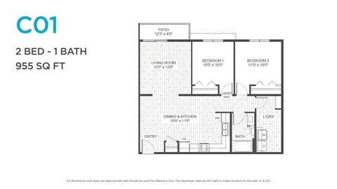 Floor plan for 2 beds, 1 bath, 859 sqft