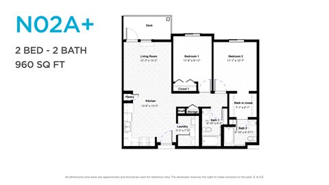 Floor plan for 2 beds, 2 baths, 908 sqft