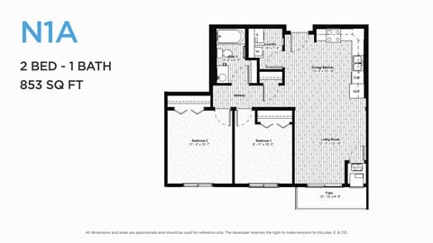 Floor plan for 2 beds, 1 bath, 853 sqft