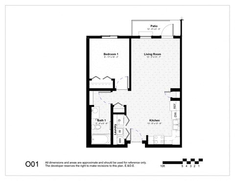 Floor plan for 1 bed, 1 bath, 635 sqft