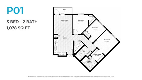 Floor plan for 3 beds, 2 baths, 1031 sqft