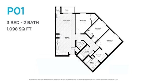 Floor plan for 3 beds, 2 baths, 1064 sqft