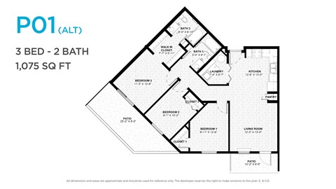 Floor plan for 3 beds, 2 baths, 1115 sqft