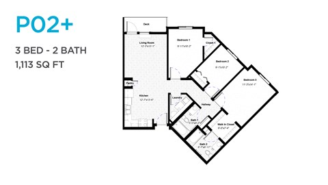 Floor plan for 3 beds, 2 baths, 1047 sqft