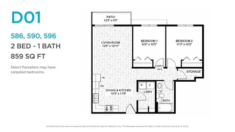 Floor plan for 2 beds, 1 bath, 905 sqft