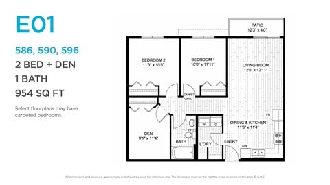 Floor plan for 2 beds, 1 bath, 954 sqft