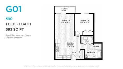 Floor plan for 1 bed, 1 bath, 668 sqft
