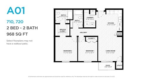 Floor plan for 2 beds, 2 baths, 946 sqft