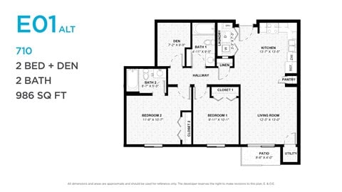 Floor plan for 2 beds, 2 baths, 1031 sqft