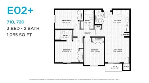 Floor plan for 3 beds, 2 baths, 1045 sqft
