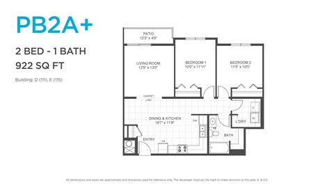 Floor plan for 2 beds, 1 bath, 934 sqft