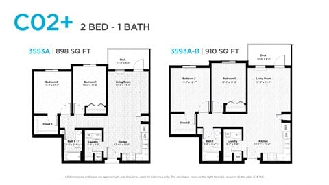 Floor plan for 2 beds, 1 bath, 894 sqft