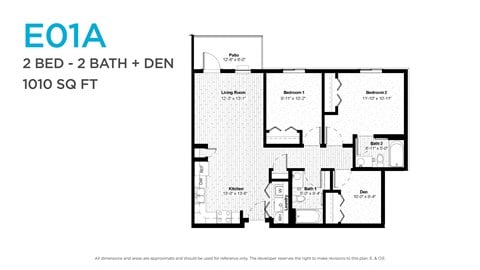 Floor plan for 2 beds, 2 baths, 1010 sqft