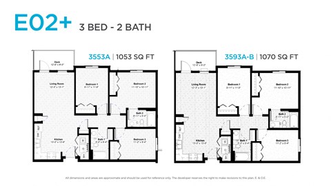Floor plan for 3 beds, 2 baths, 1054 sqft