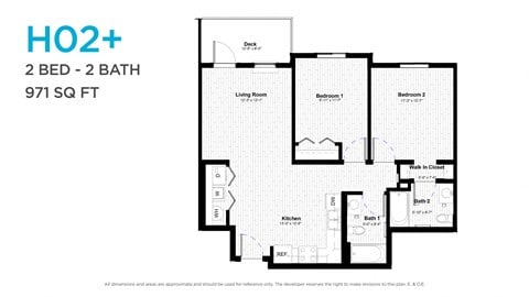 Floor plan for 2 beds, 2 baths, 952 sqft