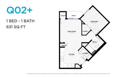Floor plan for 1 bed, 1 bath, 650 sqft