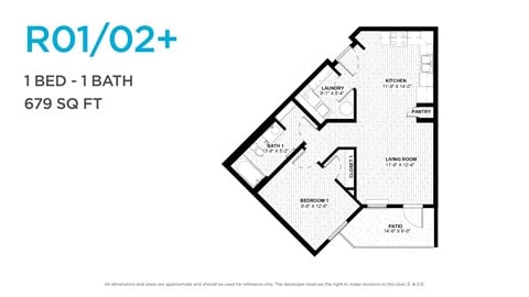 Floor plan for 1 bed, 1 bath, 689 sqft