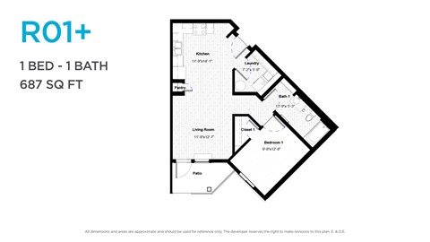 Floor plan for 1 bed, 1 bath, 687 sqft