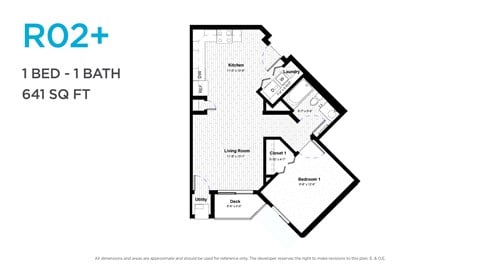 Floor plan for 1 bed, 1 bath, 641 sqft