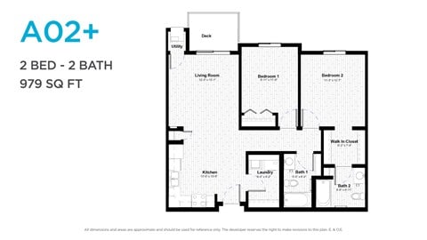 Floor plan for 2 beds, 2 baths, 880 sqft