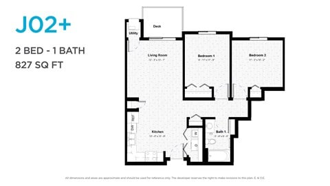 Floor plan for 2 beds, 1 bath, 814 sqft