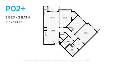 Floor plan for 3 beds, 2 baths, 1054 sqft