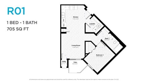 Floor plan for 1 bed, 1 bath, 653 sqft