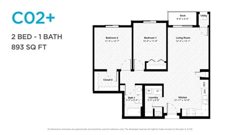 Floor plan for 2 beds, 1 bath, 892 sqft