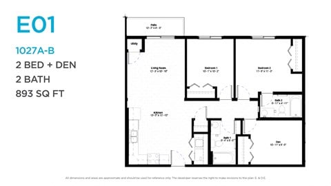Floor plan for 2 beds, 2 baths, 1036 sqft
