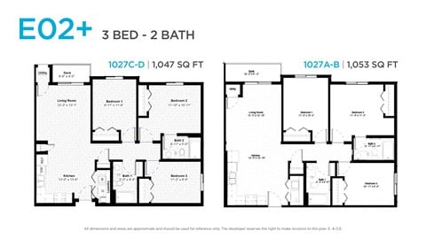 Floor plan for 3 beds, 2 baths, 1053 sqft