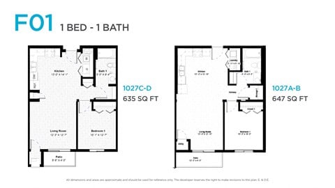 Floor plan for 1 bed, 1 bath, 651 sqft