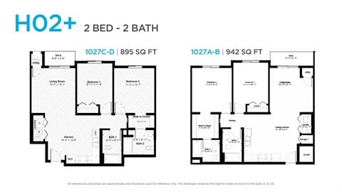 Floor plan for 2 beds, 2 baths, 945 sqft