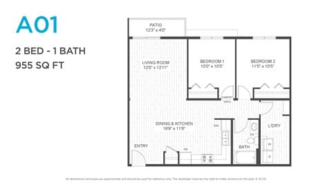 Floor plan for 2 beds, 1 bath, 859 sqft