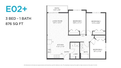 Floor plan for 3 beds, 1 bath, 971 sqft