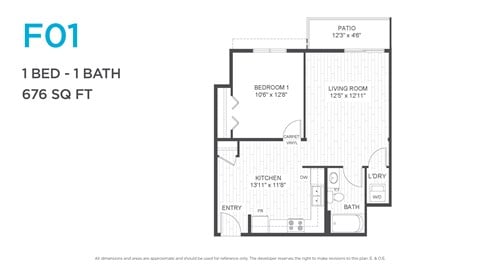 Floor plan for 1 bed, 1 bath, 676 sqft