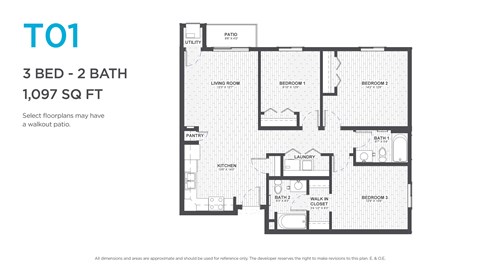 Floor plan for 3 beds, 2 baths, 1047 sqft