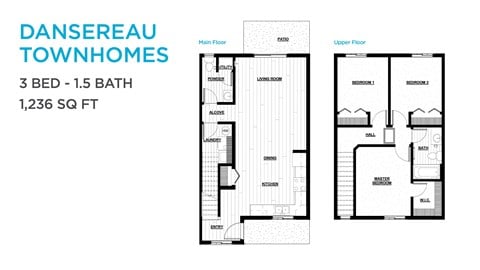 Floor plan for 3 beds, 1.5 baths, 1206 sqft