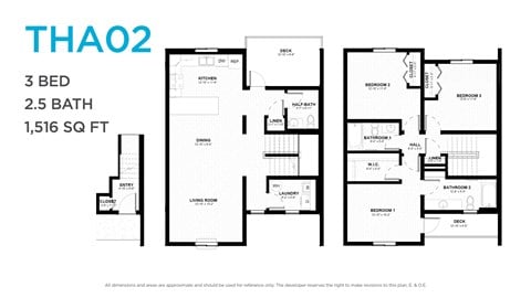 Floor plan for 3 beds, 2.5 baths, 1529 sqft
