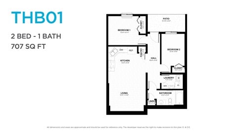 Floor plan for 2 beds, 1 bath, 862 sqft