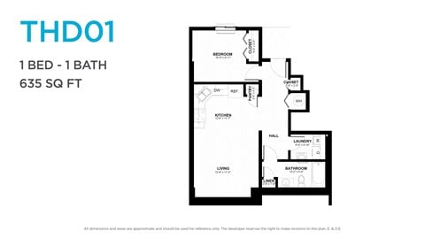 Floor plan for 1 bed, 1 bath, 796 sqft